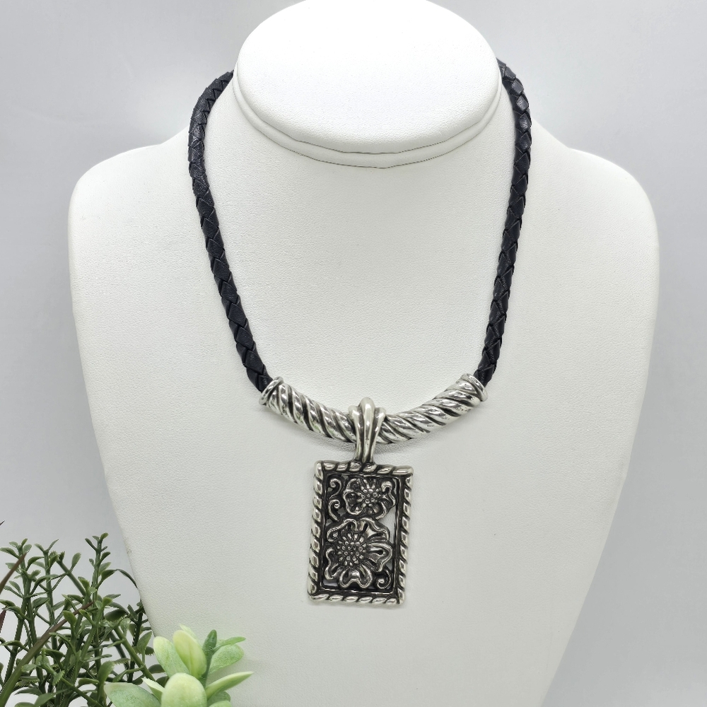 Brighton Braided Leather Necklace With Rectangular floral pendant - Picture 2 of 5
